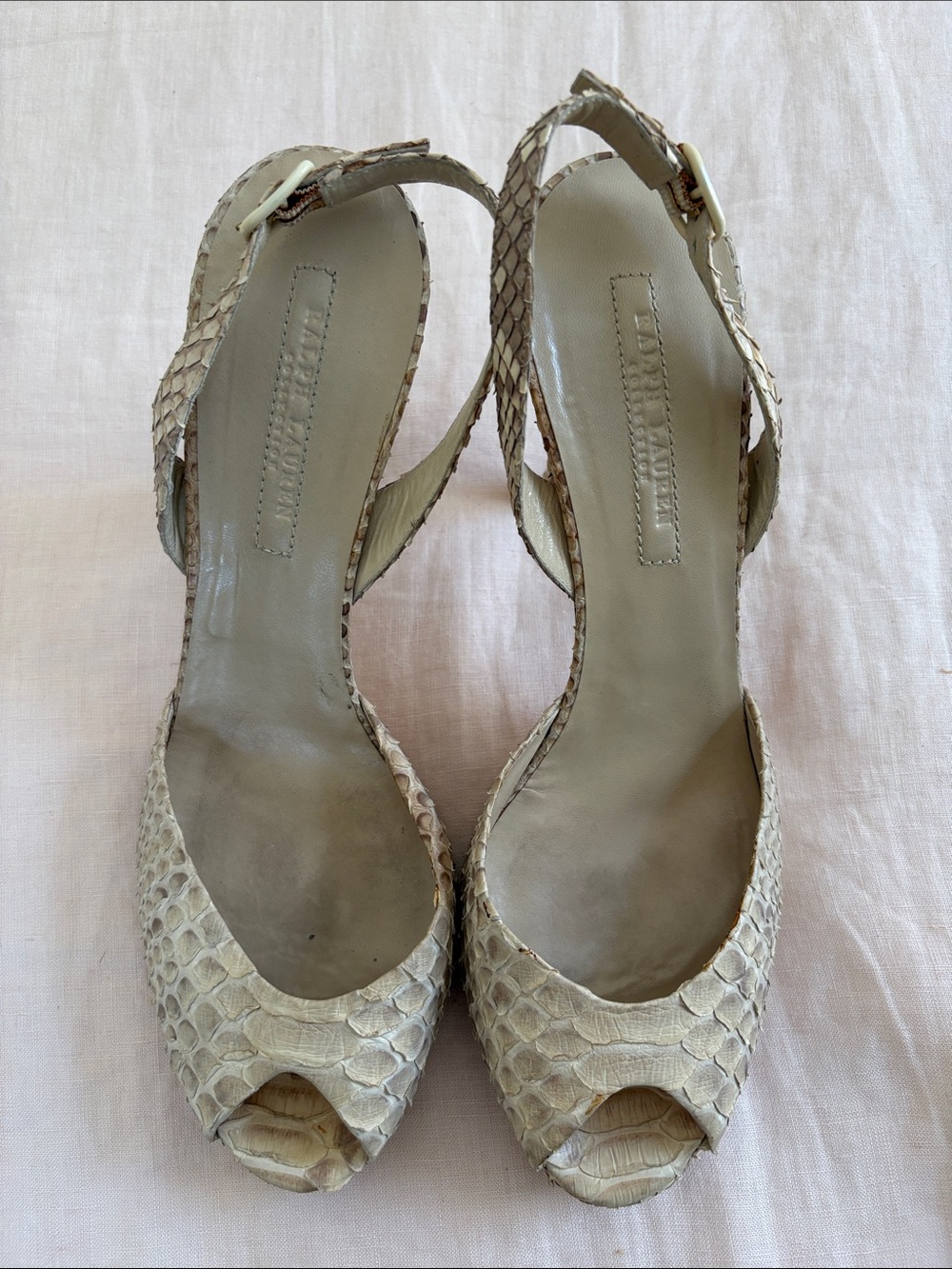 Ralph Lauren Collection Beige Python Peep-Toe Slingback Heels